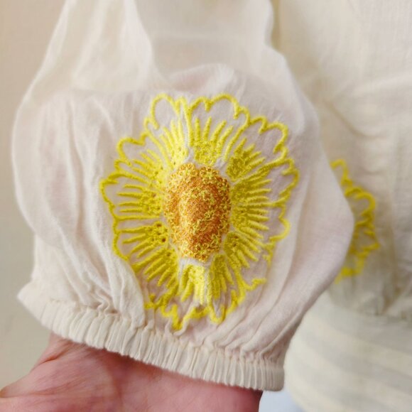 Free People My Girl Sunflower White Cotton Blouse Puff Sleeves & Back Button S - Picture 6 of 14